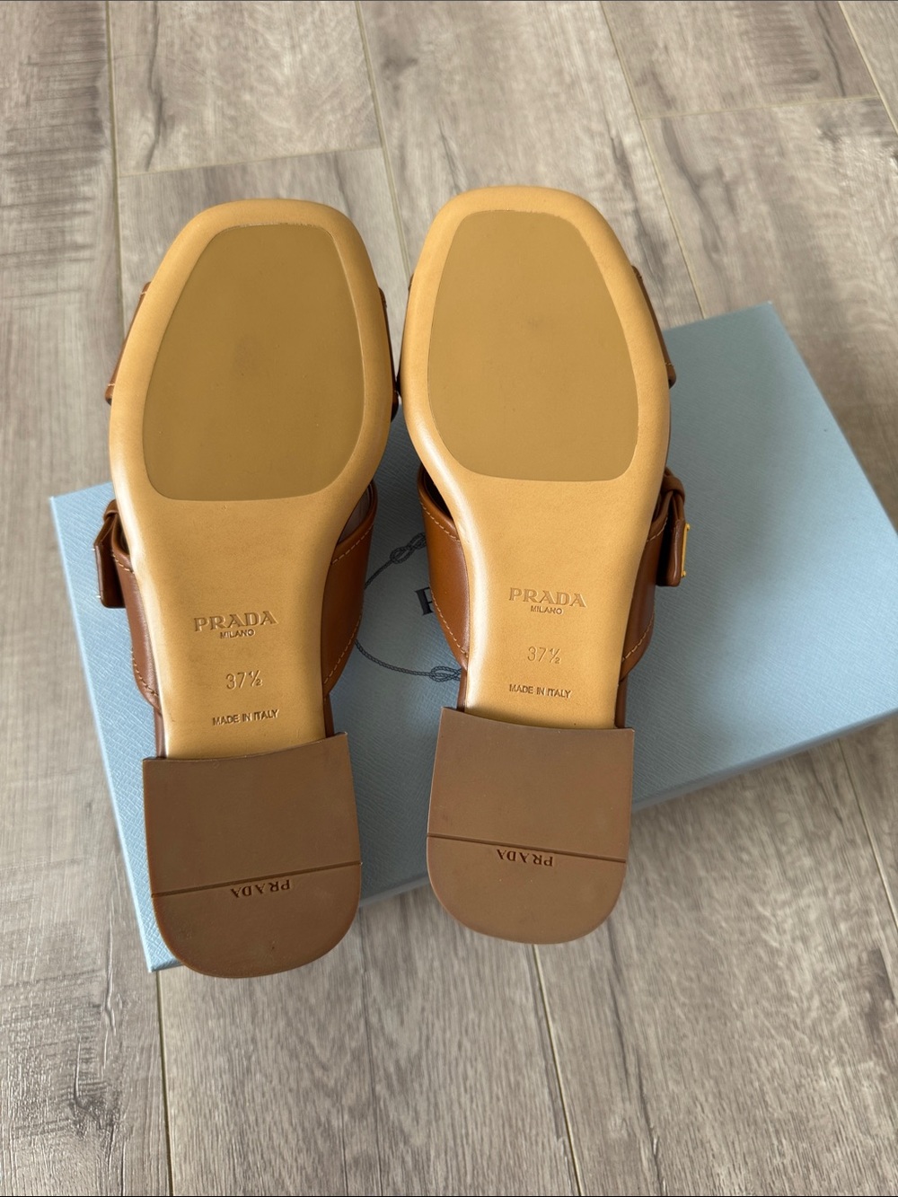 Prada Crisscross Leather Slide Sandals Brown Gold Logo Buckle 37.5 NWT - Picture 9 of 13